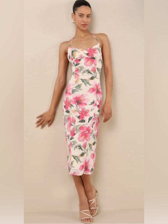 Lulus Dresses & Skirts - Lulus Floral Midi Dress Halter Open Back Pink Cream Spring Summer NWT